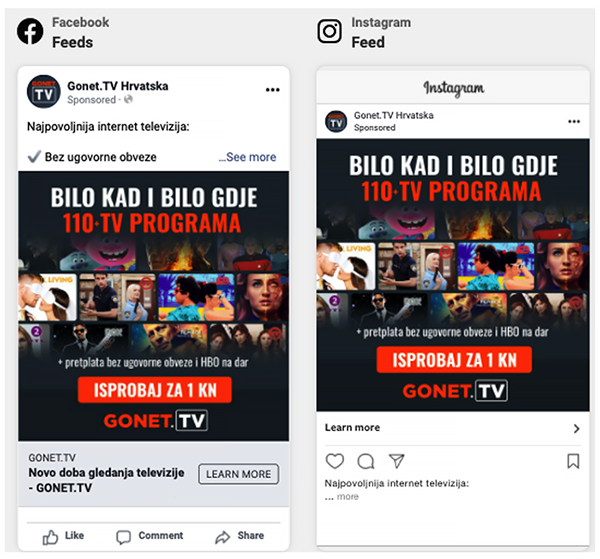Prikaz rezultata studije slučaja za GONET TV, prikaz Facebook i Instagram objava